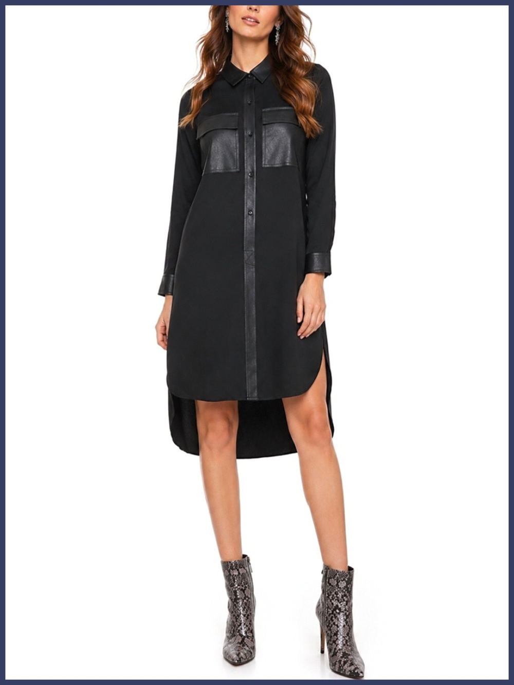 BCBGMaxAzria Black Vegan Leather Block Button Front Shirt Dress